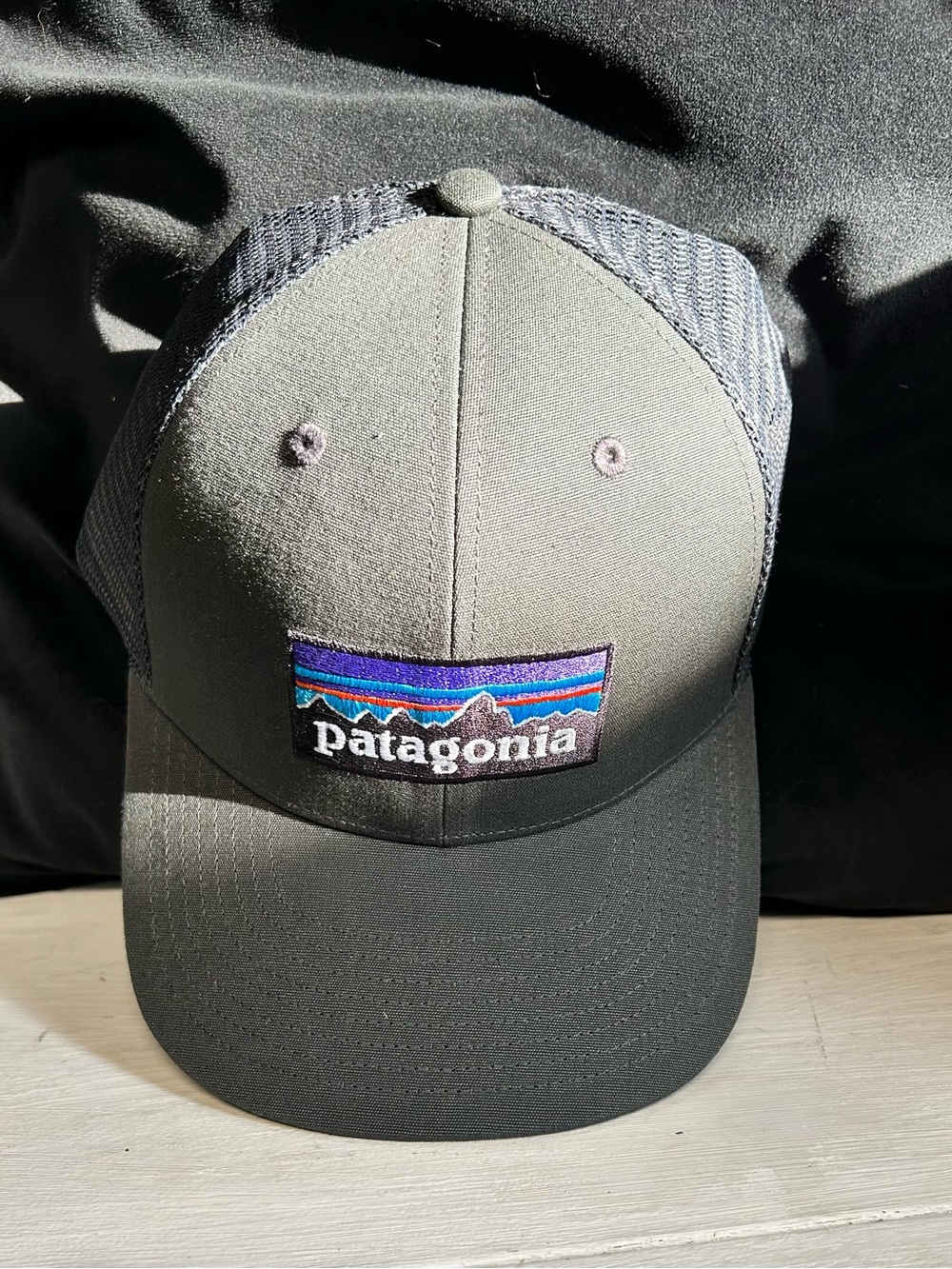 P-6 logos Patagonia Dark Gray Trucker Hat with Multicolor Logo Patch